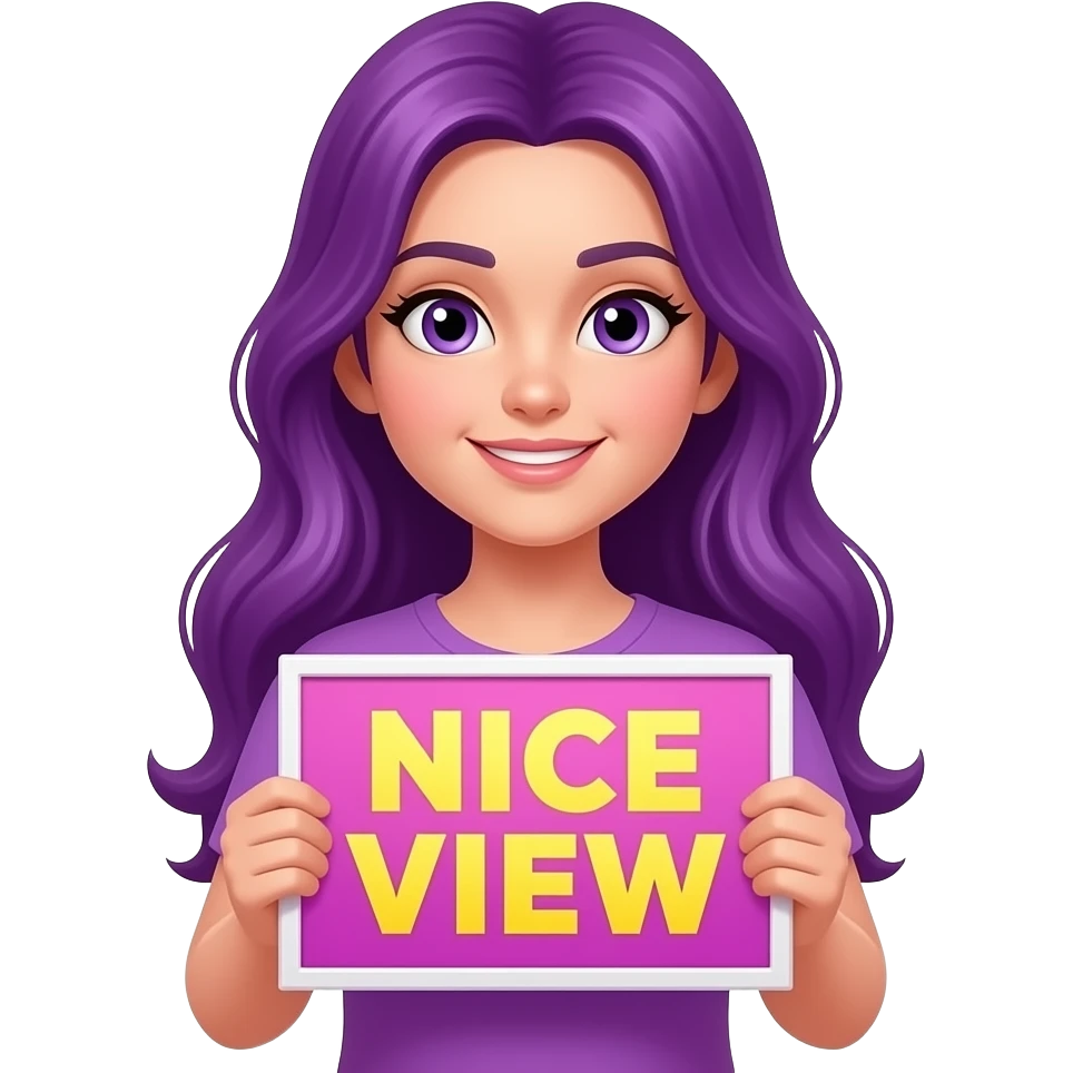 girl with long purple hair holding a NICE VIEW sign emoji
