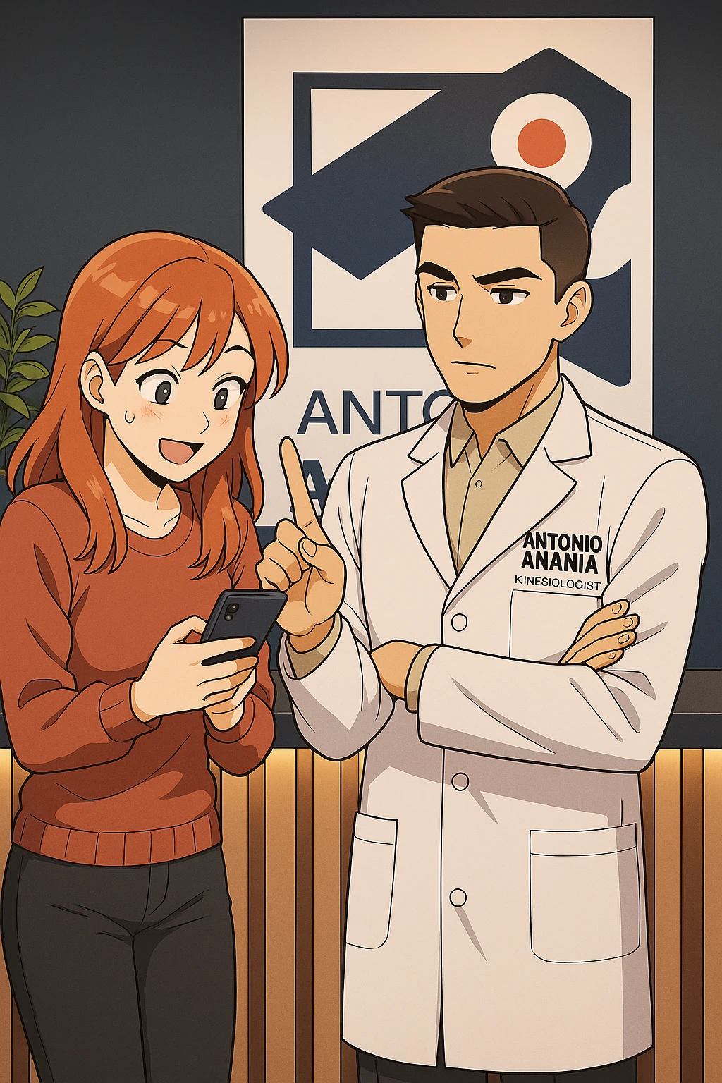 su questo stile fai un manga/webtoon a colori in cui una donna CONTROLLA ENTUSIASTA LO SMARTPHONE MENTRE PARLA CON L'UOMO, l'uomo della foto in stile manga LE DICE DI "NO" CON IL DITO, mantieni un ambiente simile alla foto che ho allegato con il suo logo (sarebbe il suo studio, lui è un kinesiologo), scrivigli "ANTONIO ANANIA" sul camice bianco, non mettere fumetti, ma fai in modo che sembri che la donna CONTROLLI LO SMARTPHONE E L'UOMO CON I GESTI LE FACCIA CAPIRE CHE STA SBAGLIANDO emoji