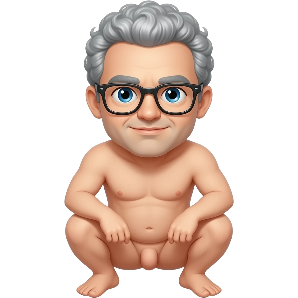 Ugly Guy with grey curly hair bald in the middle and glasses, naked squatting down little penis emoji