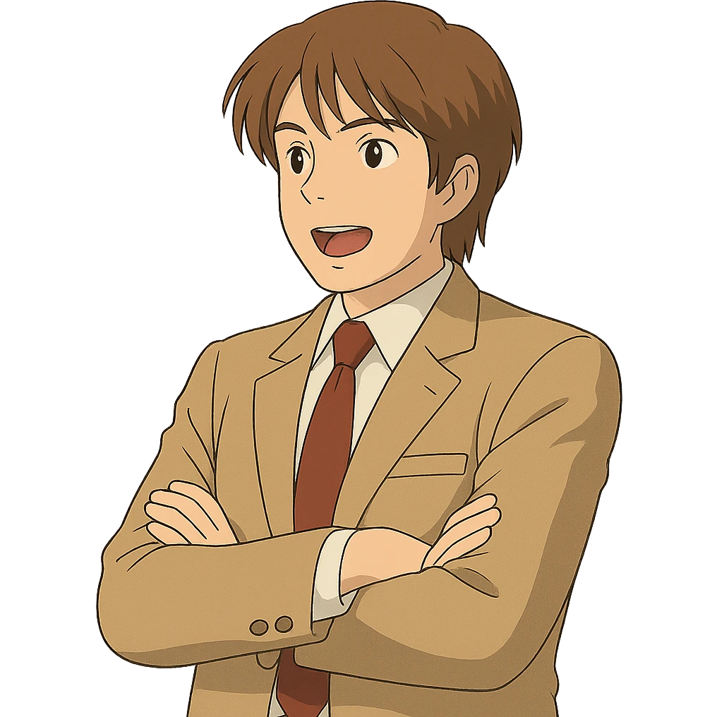 Make this exact Light Yagami in Ghibli style, standing with his arms crossed and talking, mouth open as if explaining, wearing the same suit, maintaining the same confident expression, with a transparent background. emoji