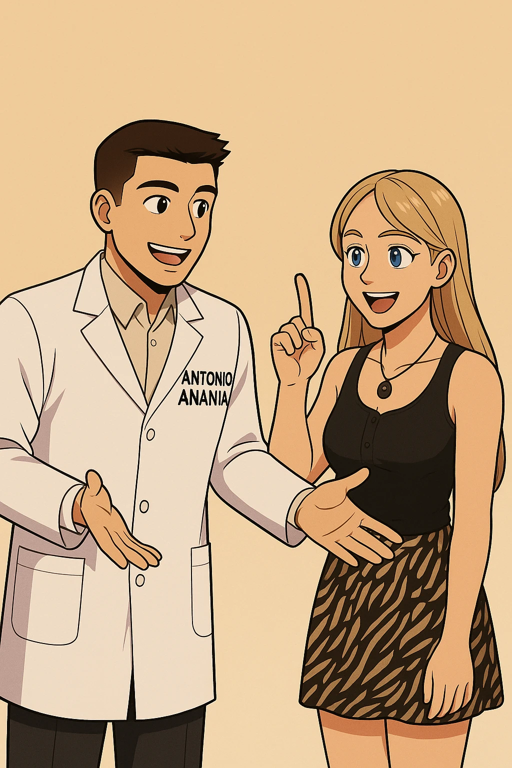 fai un webtoon/manga a colori con questo kinesiologo in camice bianco (fagli la scritta "ANTONIO ANANIA" SUL CAMICE) CHE PARLA CON QUESTA RAGAZZA CON GLI OCCHI AZZURRI. la ragazza lo guarda entusiasta con un indice alzato, IL KINESIOLOGO ha un espressione felice e la aspetta a braccia aperte. NON FARE I FUMETTI, FAI SOLO LORO COME SE DIALOGASSERO emoji
