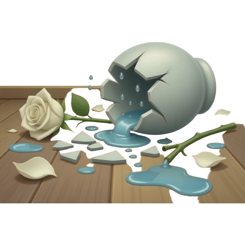 A shattered vase on the floor, broken into pieces. Flowers scattered around with petals and bent stems, water spilled creating small puddles. emoji