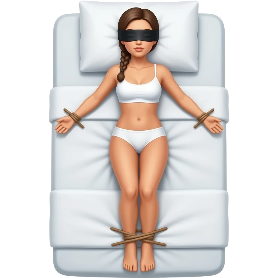 woman in blinfold, in white underwear, braided ponytail, arms and laegs tied on bed emoji