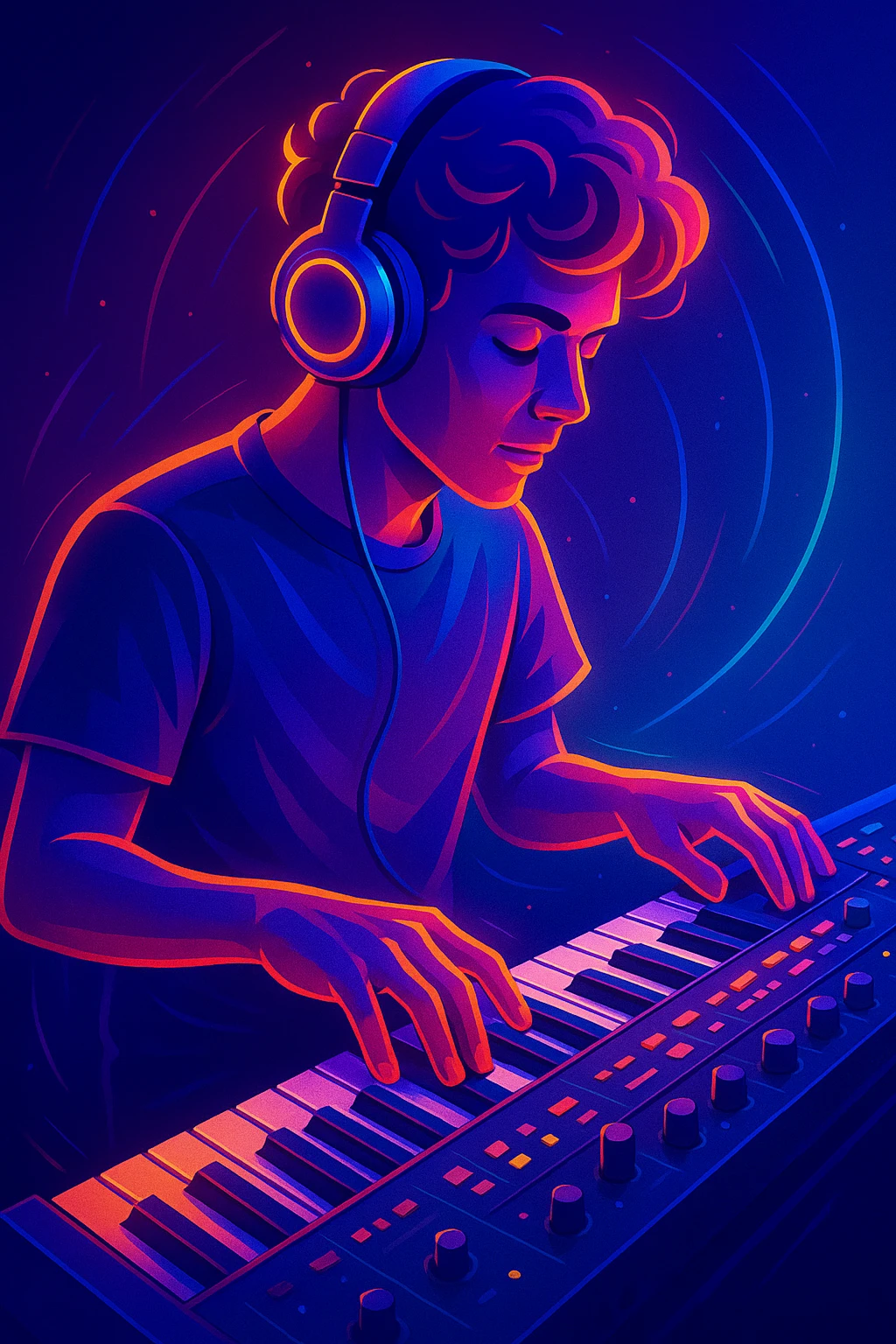 musician with headphones and keyboard, modern digital art emoji