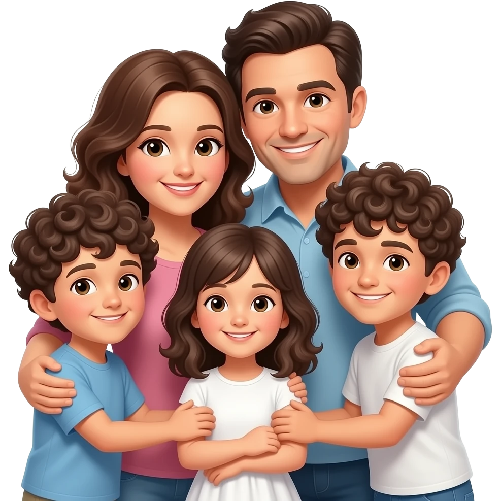 Italian curly Family of 5 mom dad 2 sons 1 daugher hugging emoji