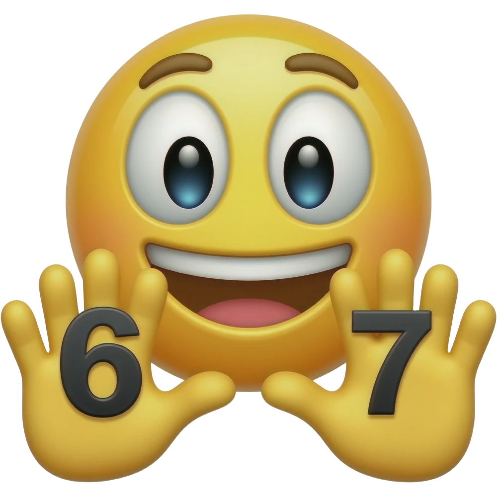 The classic yellow emoji with a grinning face has two hands in front of it, with the number 6 in one hand and the number 7 in the other. The numbers are also the classic emoji numbers. emoji