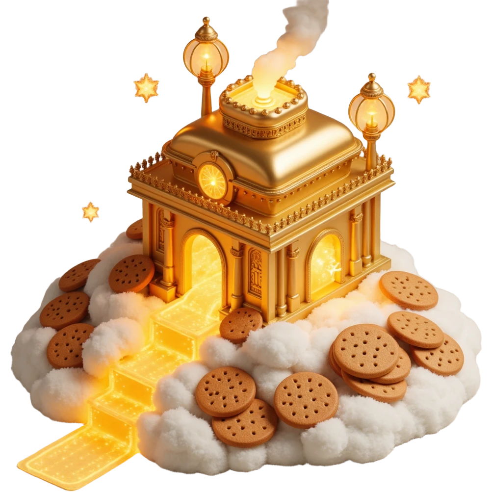 Exterior of a divine floating cookie factory, golden architecture with radiant pipes flowing with energy, infinite cookie stream from the entrance, glowing aura, celestial clouds surrounding it emoji