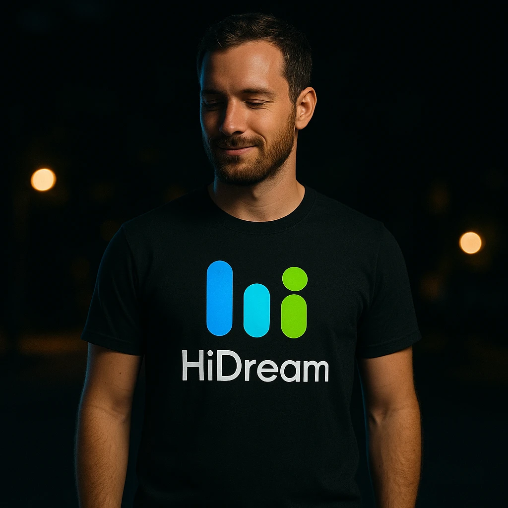 man wearing tshirt with this logo, dark night background with dim lights emoji