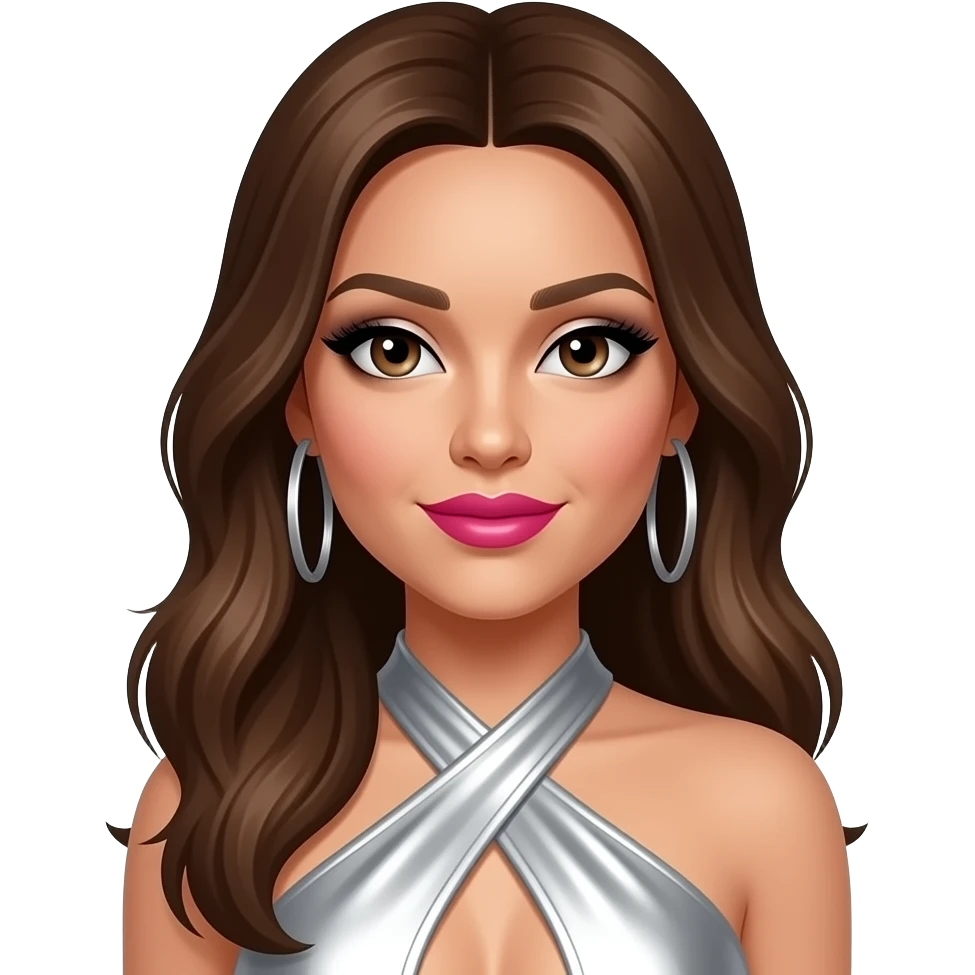 Aundrea Fimbres from Danity Kane with white skin, brown eyes, long brown hair, silver eyeshadow, hot pink lipstick, silver metallic halter dress, silver earrings emoji
