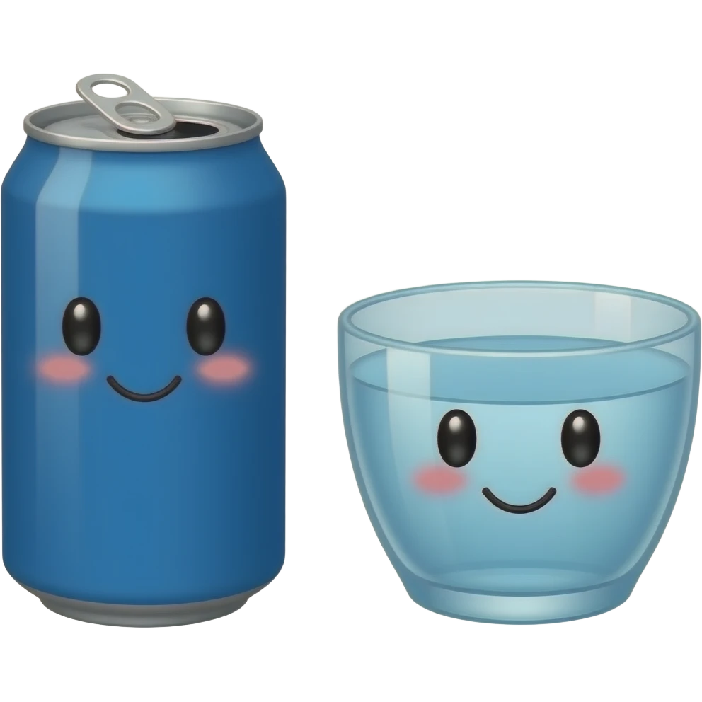 A plain blue soda can with a cute face without eyelashes and a glass bowl of water with a cute face with eyelashes emoji
