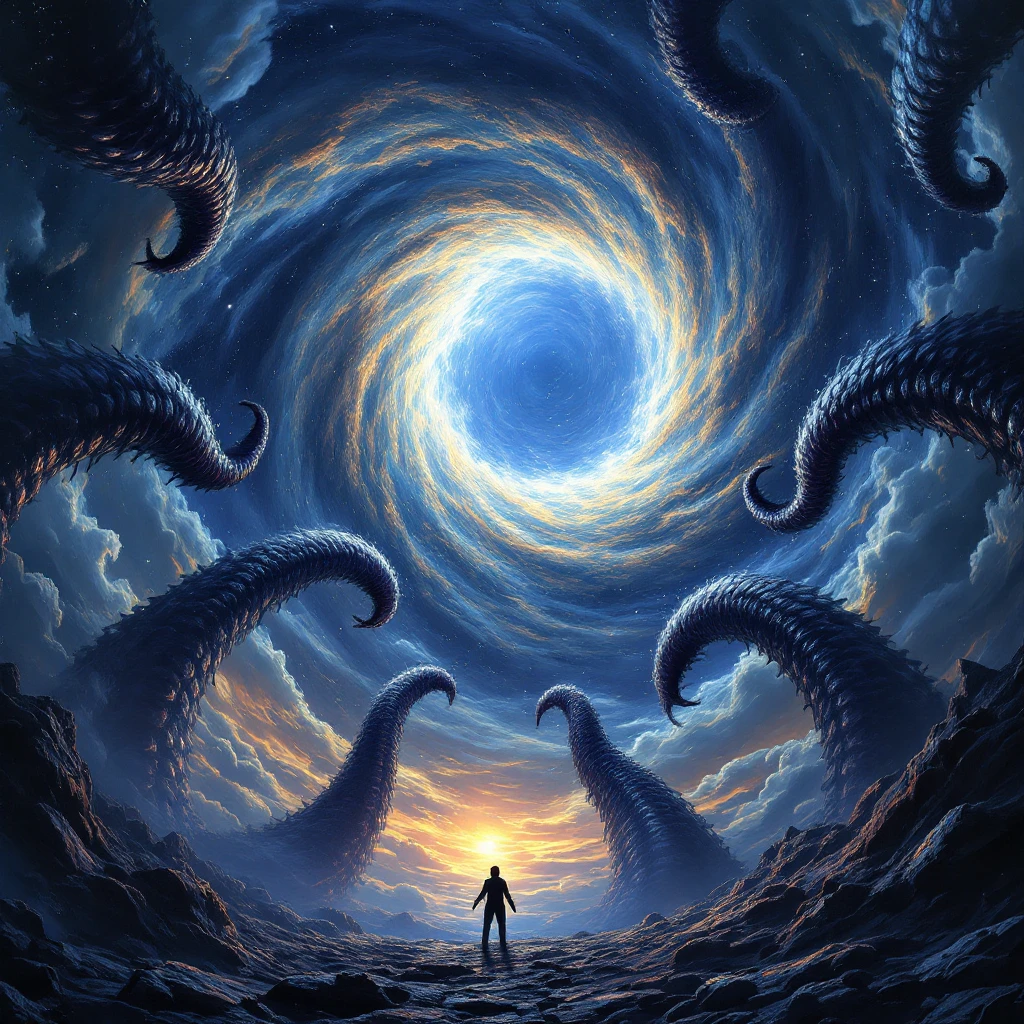 tentacles emerging outward from a swirling cosmic vortex in the sky, reaching toward the viewer, no visible creature, dramatic lighting, high contrast, cosmic horror emoji
