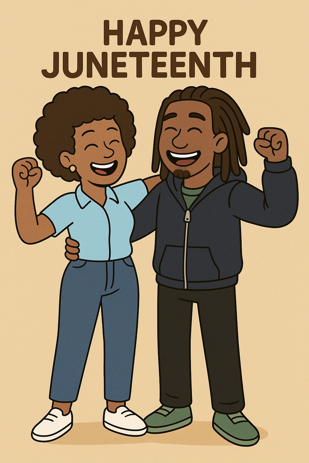 A woman Kinky hair light blue shirt blue jeans white shoes boy Dreadlocks dark brown hair green shuts navy blue zip up hoodie black jeans green shoes Bob Marley Vanessa Nakate Mae Jemison Happy JUNETEENTH emoji