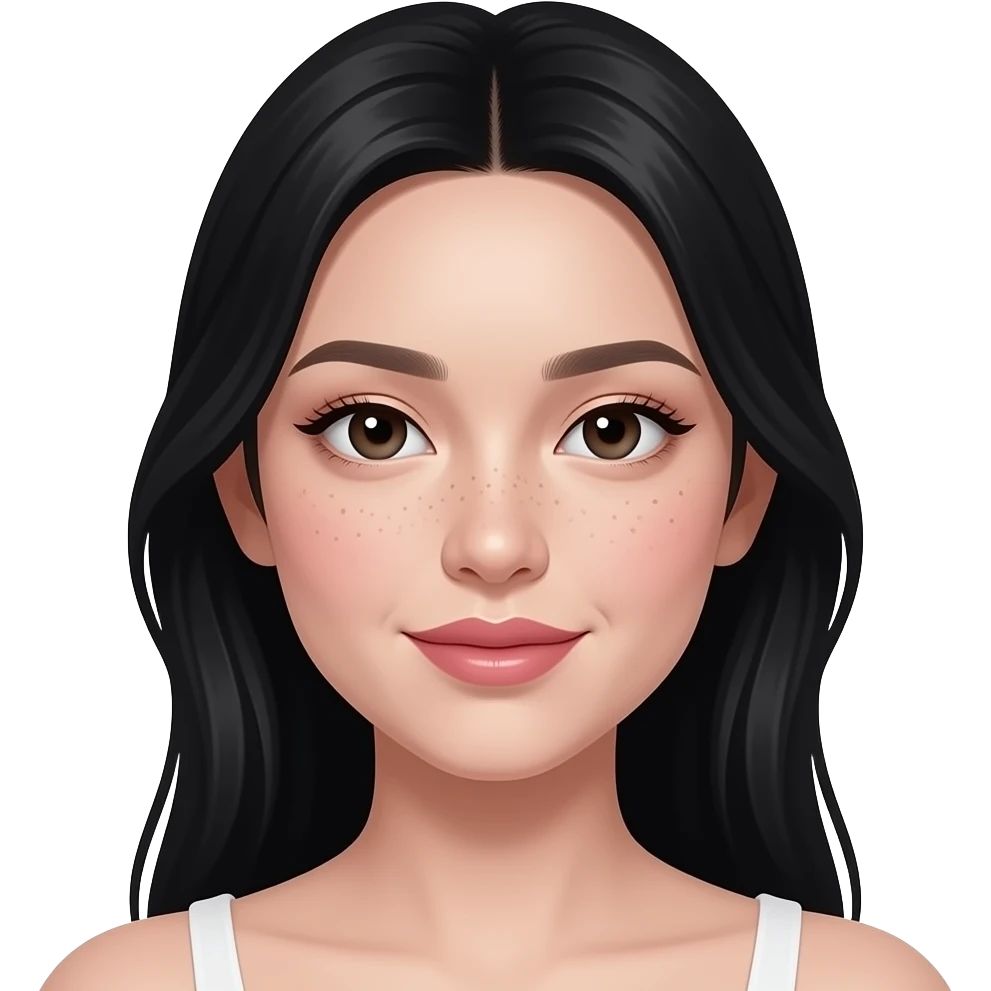 A young woman with fair skin and oval face. Dark eyes with subtle shimmer and soft eyeliner, natural arched brows, a small straight nose, and full rosy-pink lips. Light freckles are visible across cheeks and nose. Black hair, clean, minimal “glass skin” makeup with a soft, natural glow emoji