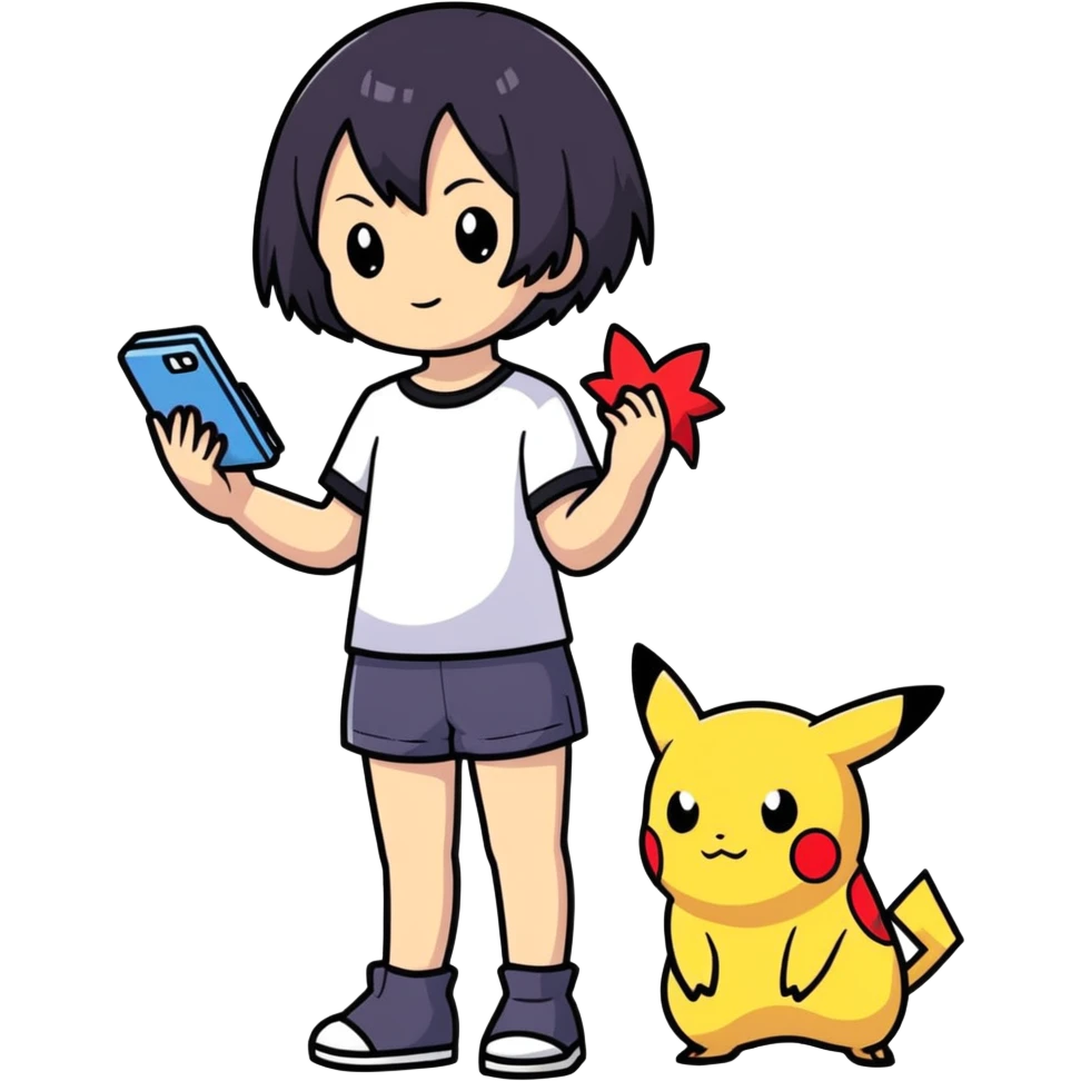 Mixed asian and european Girl with short black hair and pokemon  emoji