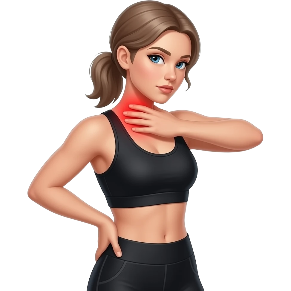 back neck pain, red glow on neck, woman touching her neck, fair-skinned woman, ash light brown hair tied back, slim athletic body, black workout set emoji