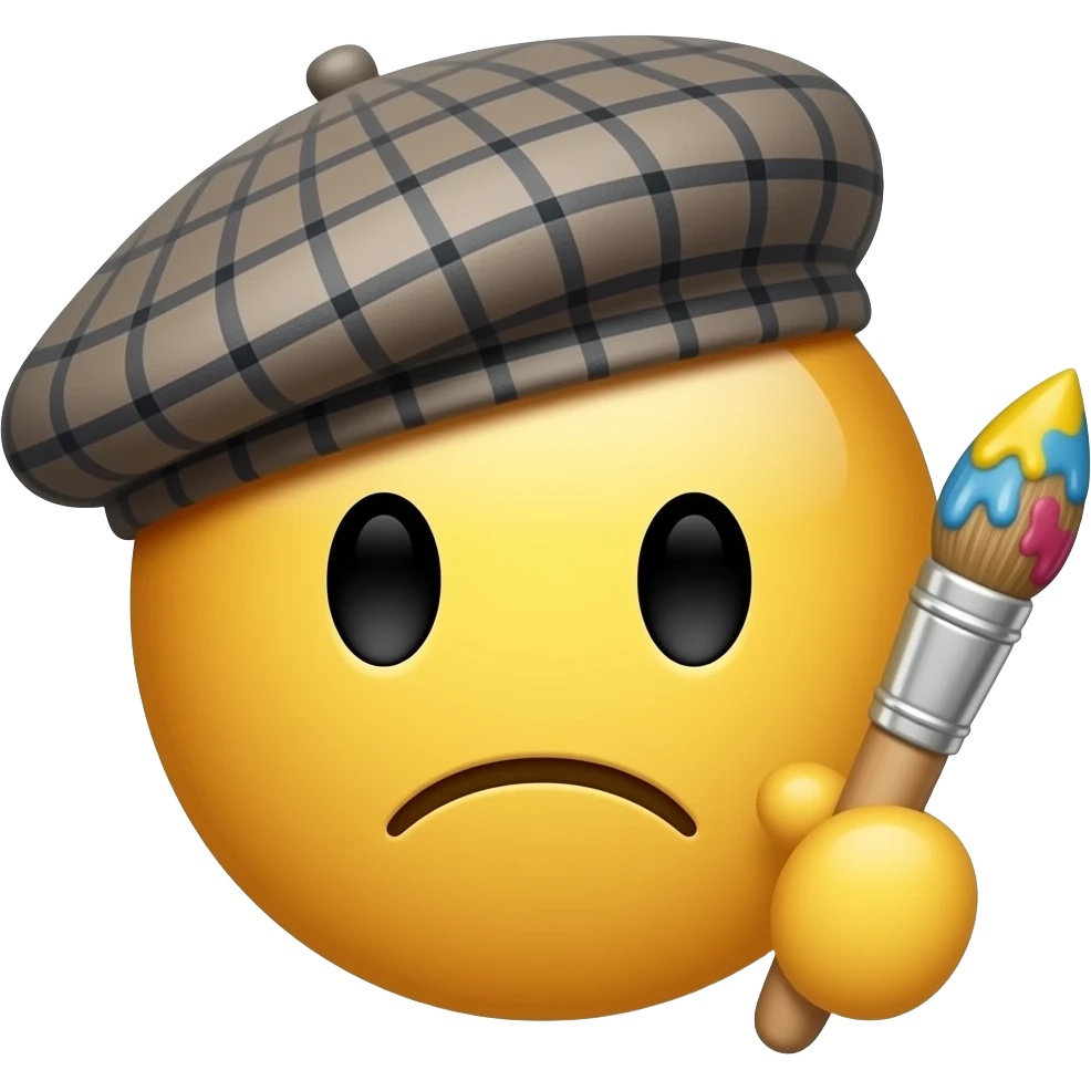 emoticono clasico, como el pintor vangogh, con boina, pincel y toda manchada de pintura pincel triste emoji