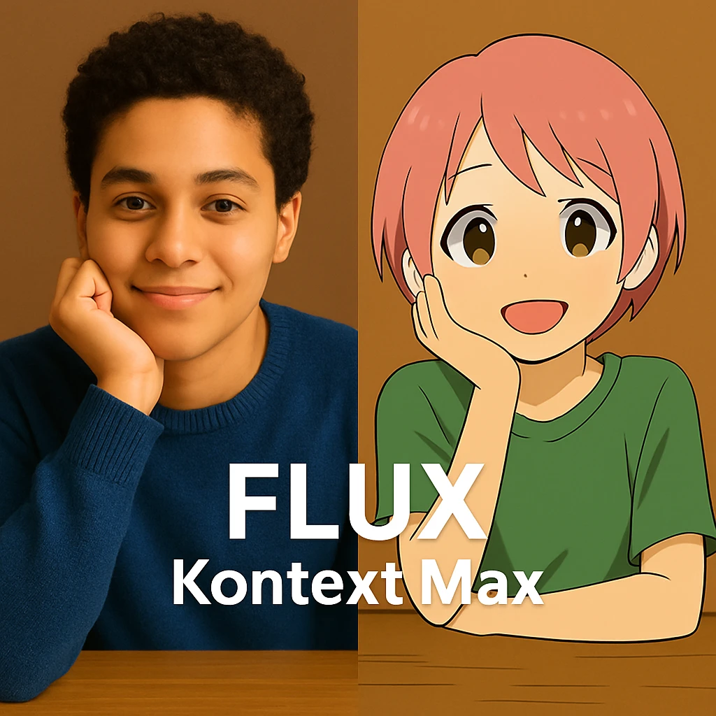 same similar image but chnage the text to "Flux Kontext Max", change people and pose too emoji