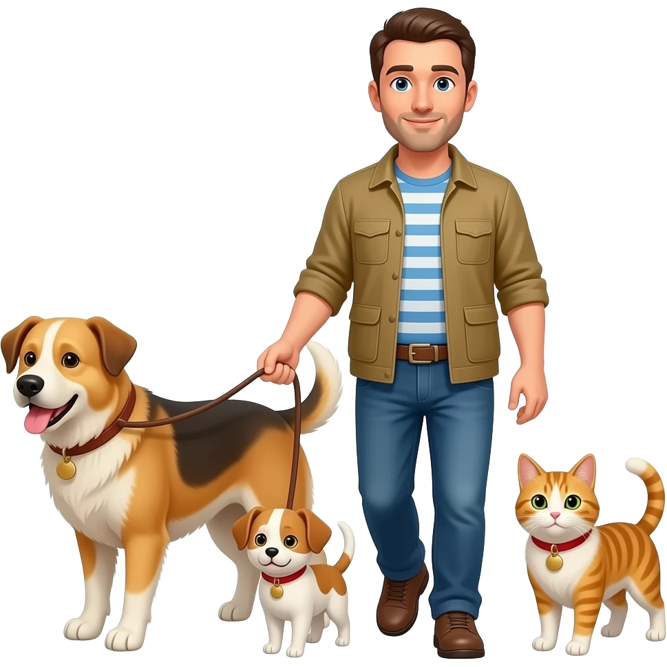 A man walking with a big and small dogs and a cat emoji