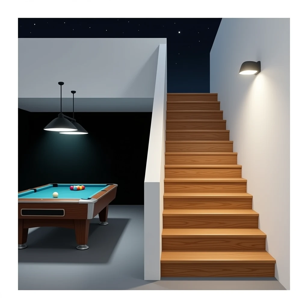 Des marches d’escaliers en bois de chêne entre deux grand murs blanc et à gauche un billard, arrière plan noir emoji
