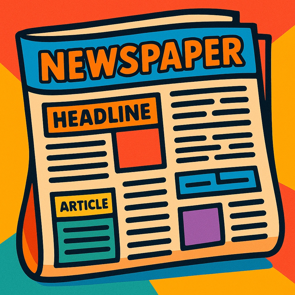 colorful cartoon newspaper with visible articles emoji