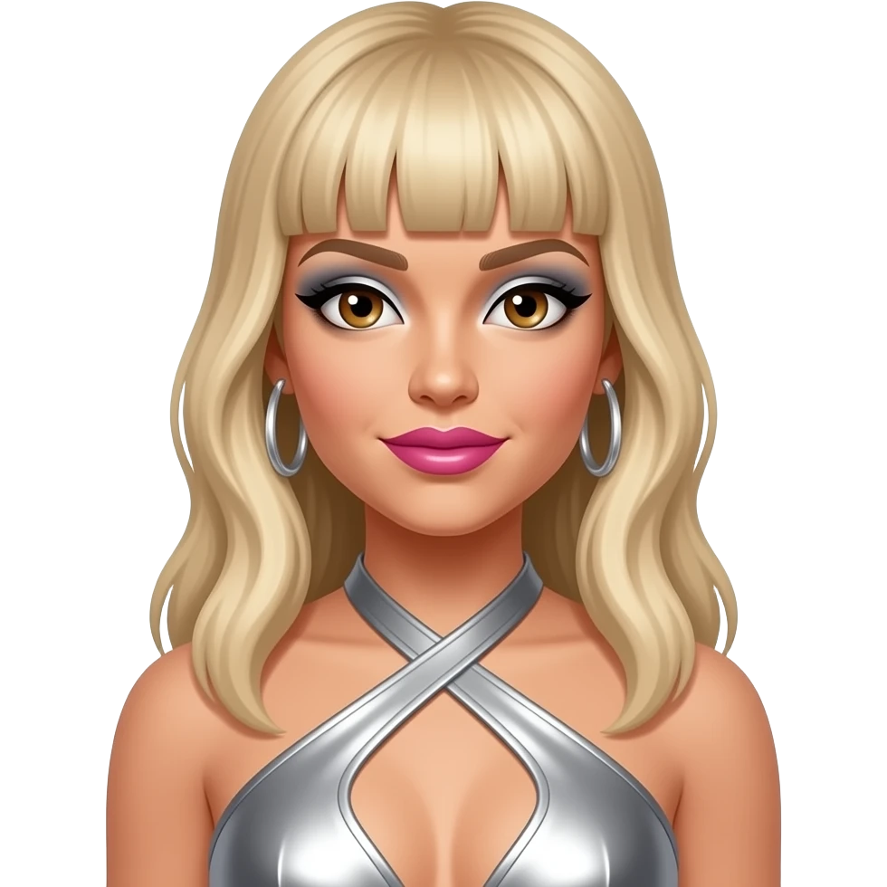 Shannon Bex from Danity Kane with white skin, hazel eyes, long blonde hair with bang, silver eyeshadow, hot pink lipstick, silver metallic halter dress, silver earrings emoji