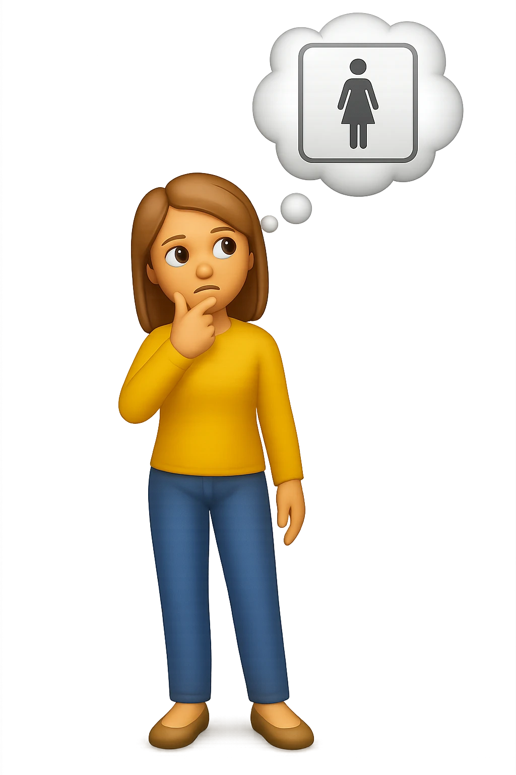emoji stile iphone di una donna con nuvoletta di pensiero con all'interno la toilet per donne, falla a corpo intero, iperrealistico 4k emoji