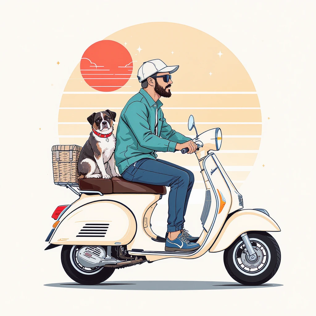 vector art of a man and his pet dog riding a vespa, for website design  emoji