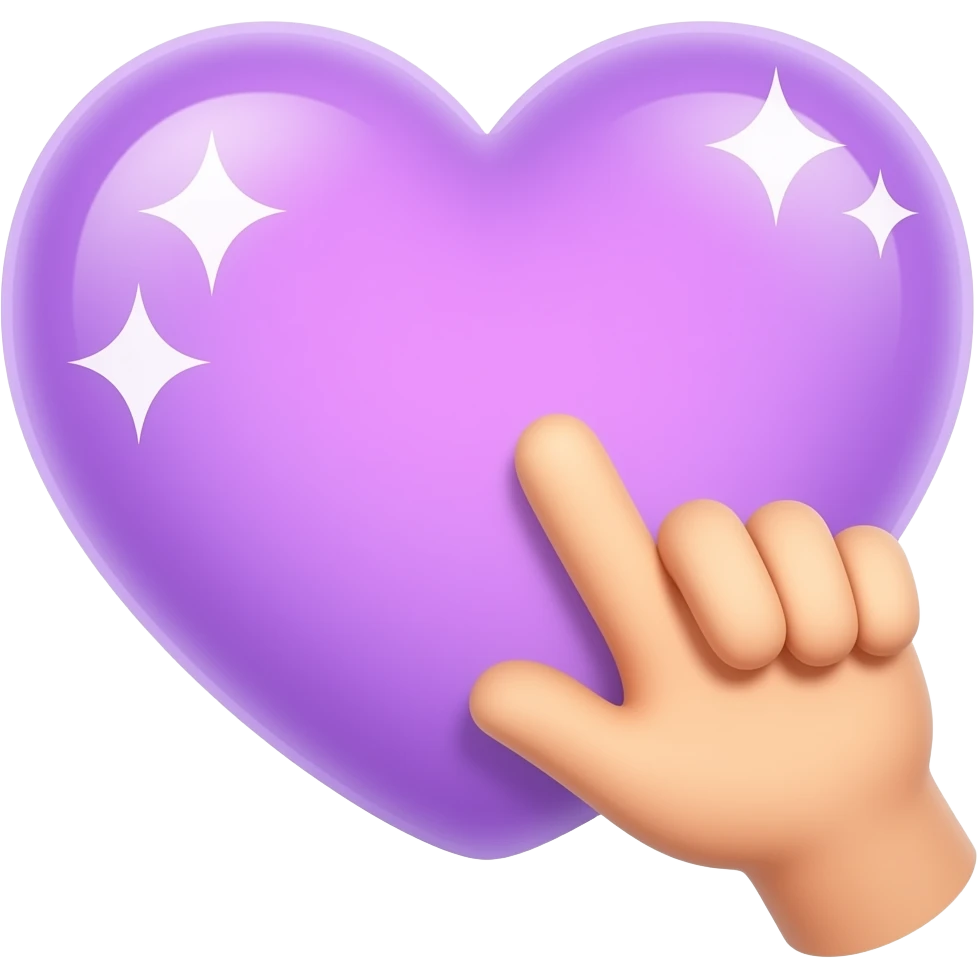iOS-style emoji: small hand touching a glowing purple heart 💜, soft gradients, sparkles, cute and charming, transparent background emoji