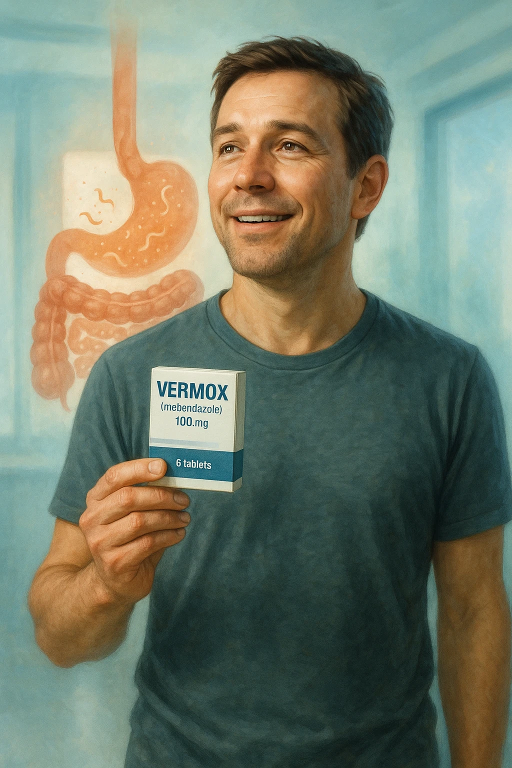 A realistic, cinematic illustration of a man in his late 30s holding a small white box of ‘Vermox’ (mebendazole) in one hand, with a relieved and hopeful expression on his face. Behind him, a semi-transparent overlay shows his digestive tract where small, symbolic worm-like parasites are dissolving and disappearing, indicating the medication’s effect. The environment is clean and bright, with a medical yet hopeful tone, conveying the concept of effective parasite removal. Subtle blue and green tones symbolize cleansing and health restoration, while the man appears energized and ready to reclaim his well-being emoji