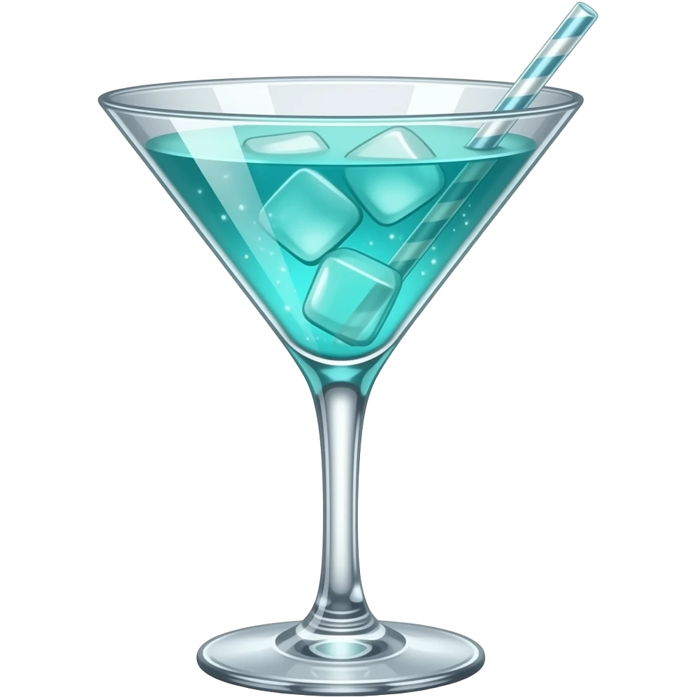 turquoise colored cocktail in martini glass with glass swizzle stick with sparkles and ice emoji