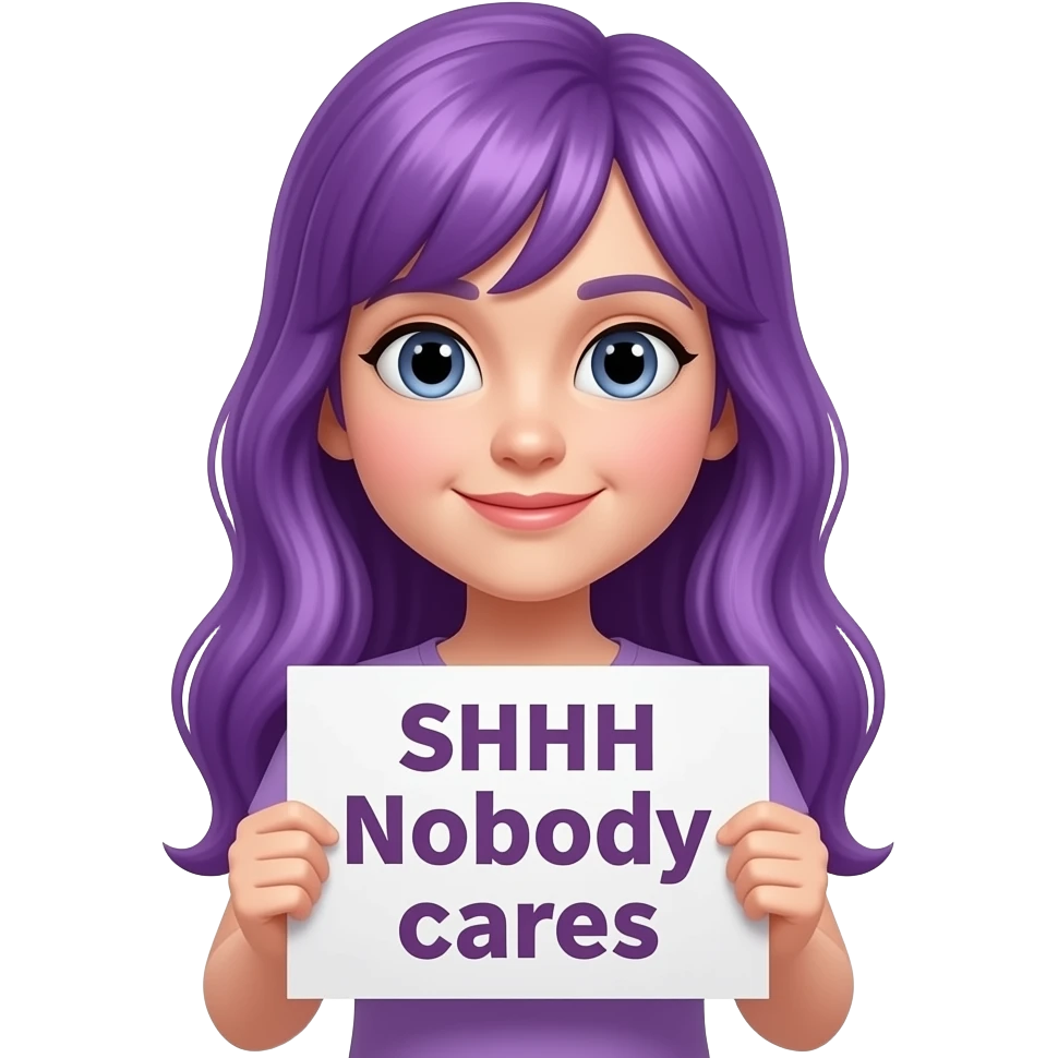 girl with long purple hair holding a SHHH Nobody cares sign emoji