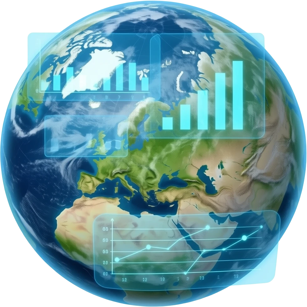 A futuristic HUD showing planet earth and little data callouts with graphs emoji