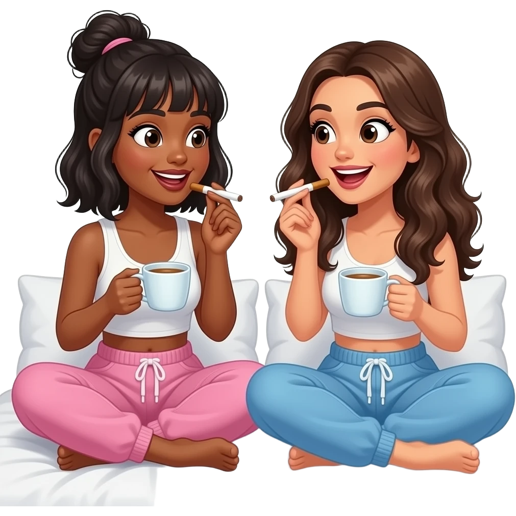 A black woman with bangs, a messy bun and shoulder length hair and a Hispanic woman with wavy long dark blonde hair gossiping while smoking blunts and drinking tea out of tea cups and wearing sweats sitting on a bed. We both have surprised smiling look on our faces emoji