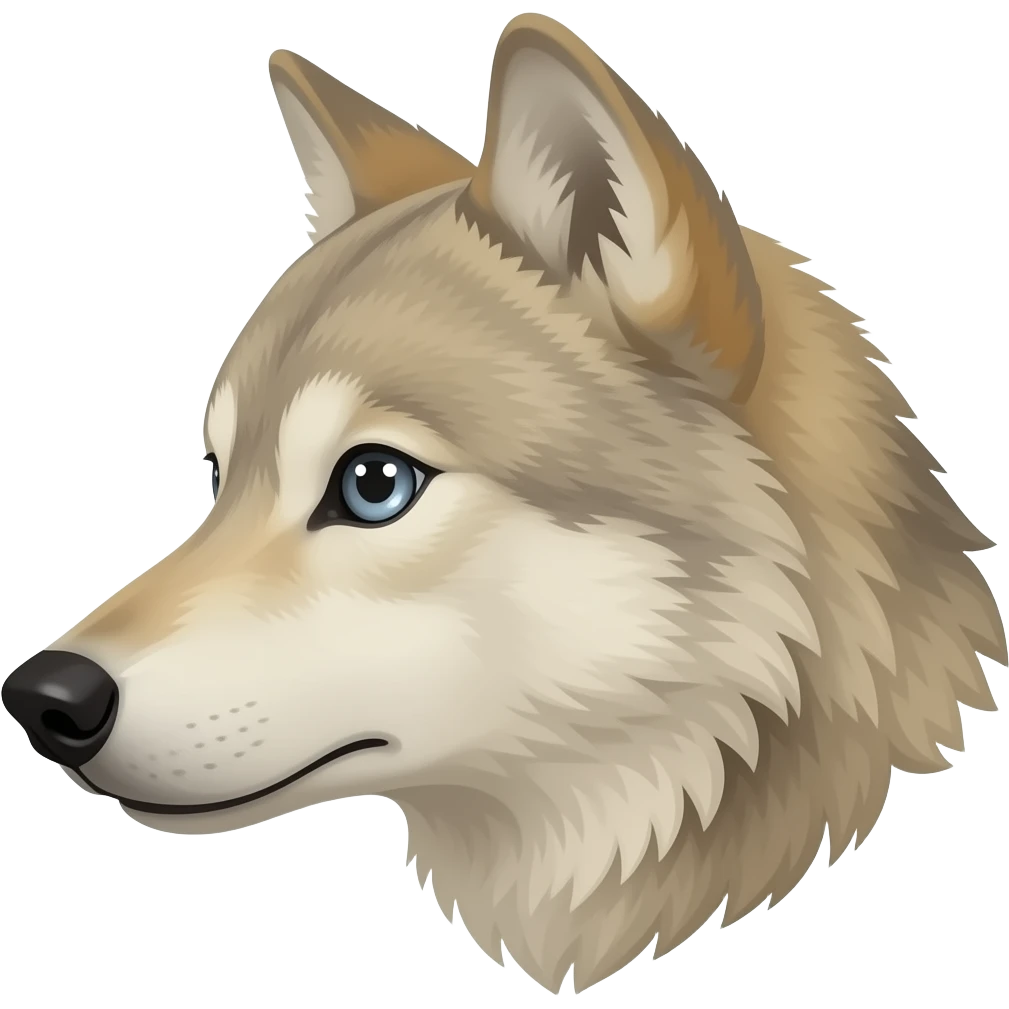 Adult Beige wolf head very realistic Turn sideways light blue gray eyes emoji