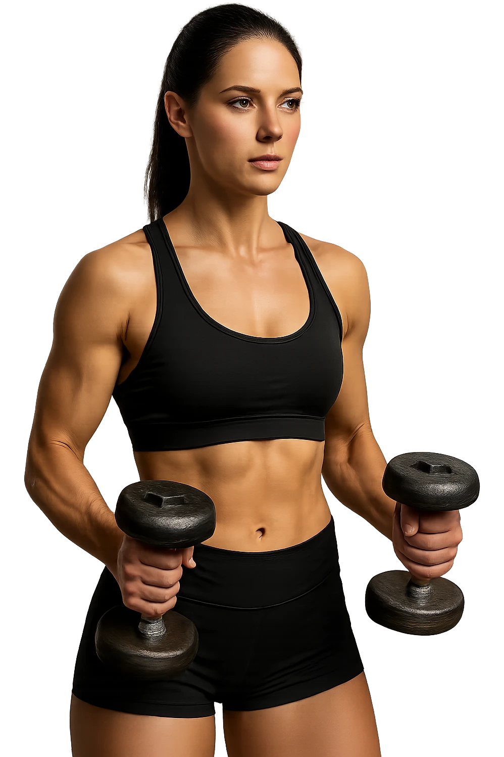donna fitness in forma con manubri da palestra in mano, isolata su sfondo bianco emoji