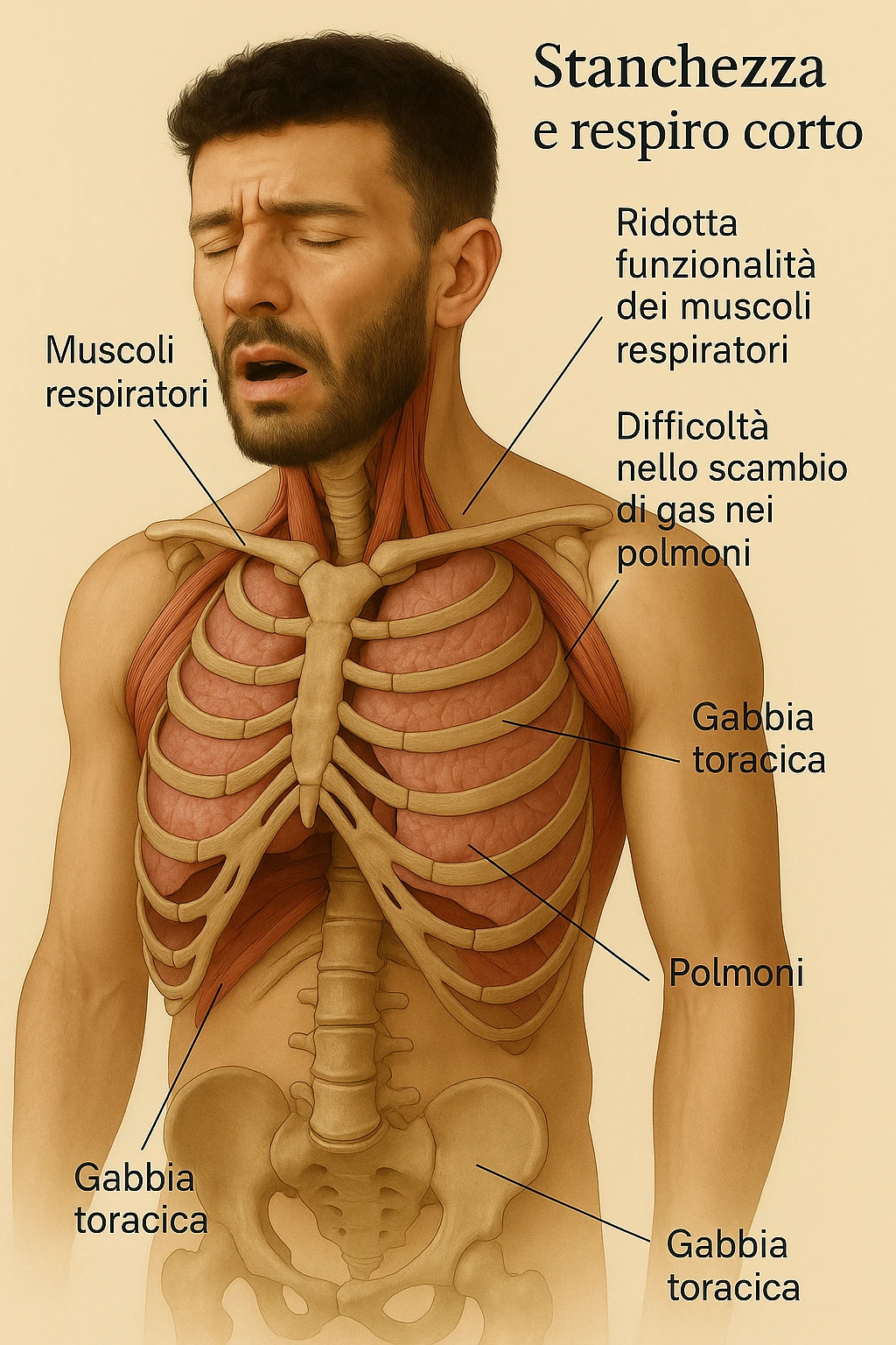 Uomo con stanchezza e respiro corto vista anatomica immagine realistica in 3D in italiano emoji