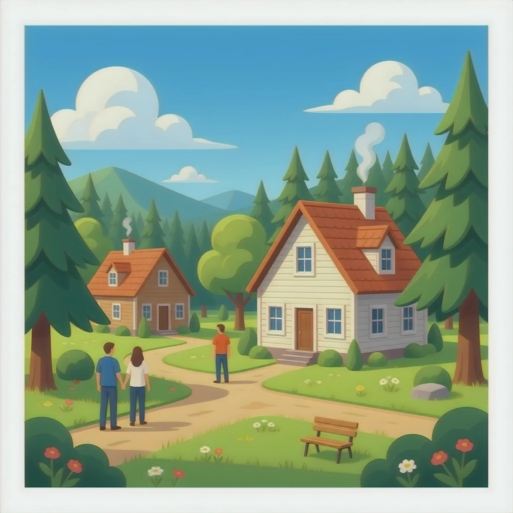 un publo con un bosque y casa de epoca 2026 con personas que sea realistas emoji