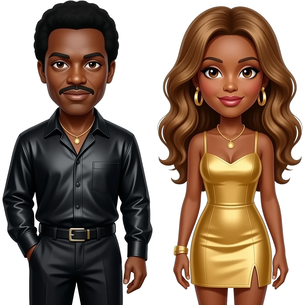 Ike Turner with dark skin, brown eyes, black hair, black metallic shirt and baggy pants, necklace, Tina Turner with long golden brown hair, gold short dress, gold earrings emoji