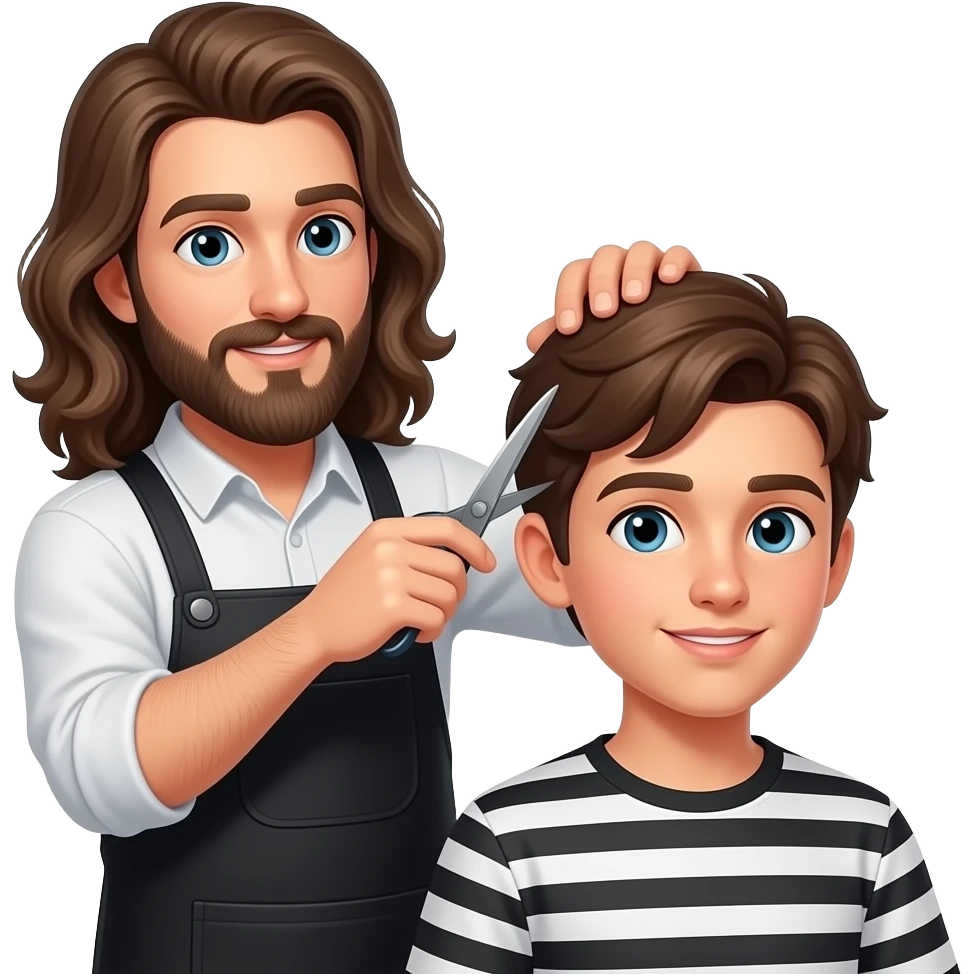 A barber with long hair and a beard is cutting the hair of a brown-haired teenager while they talk. emoji