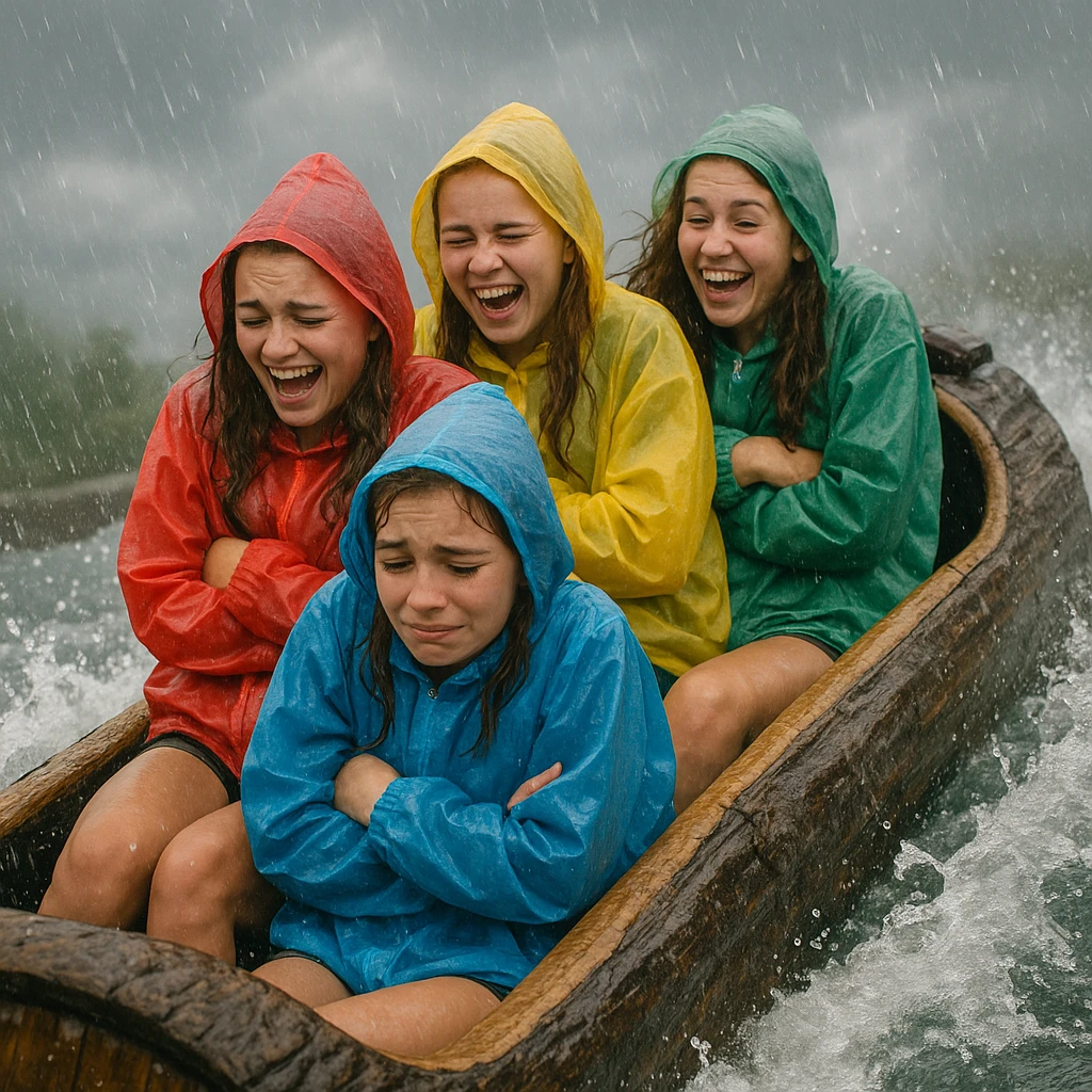 group of teenage girls on a log flume ride, shivering and laughing, wearing ponchos, rain falling, cloudy and chilly atmosphere emoji