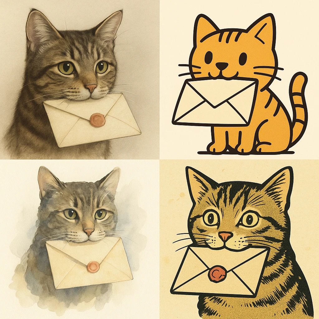 a cat holding mail (letter) in its mouth, various styles emoji
