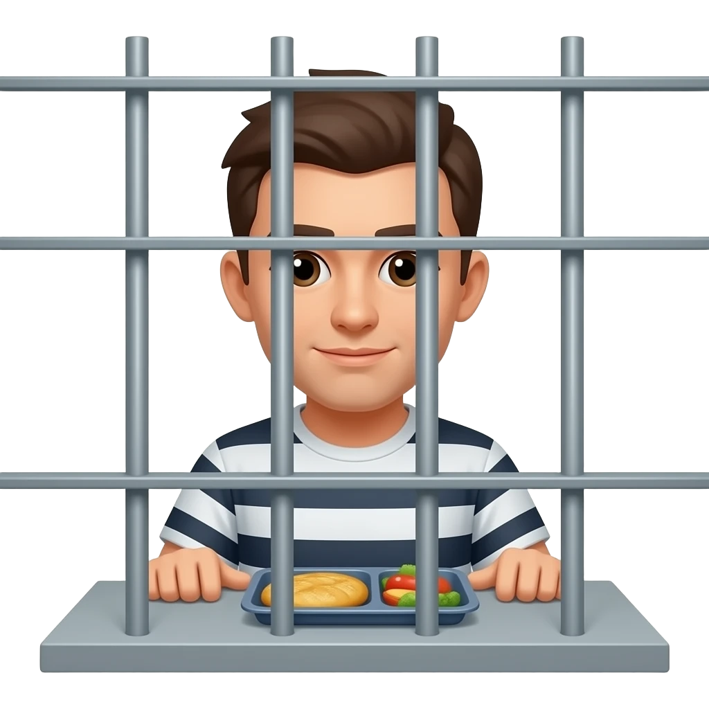 A PICTURE OF A JAIL   WITH A PERSON LOOKING THROUGH SMALL BARS AND A FOOD HOLDER TRAY emoji