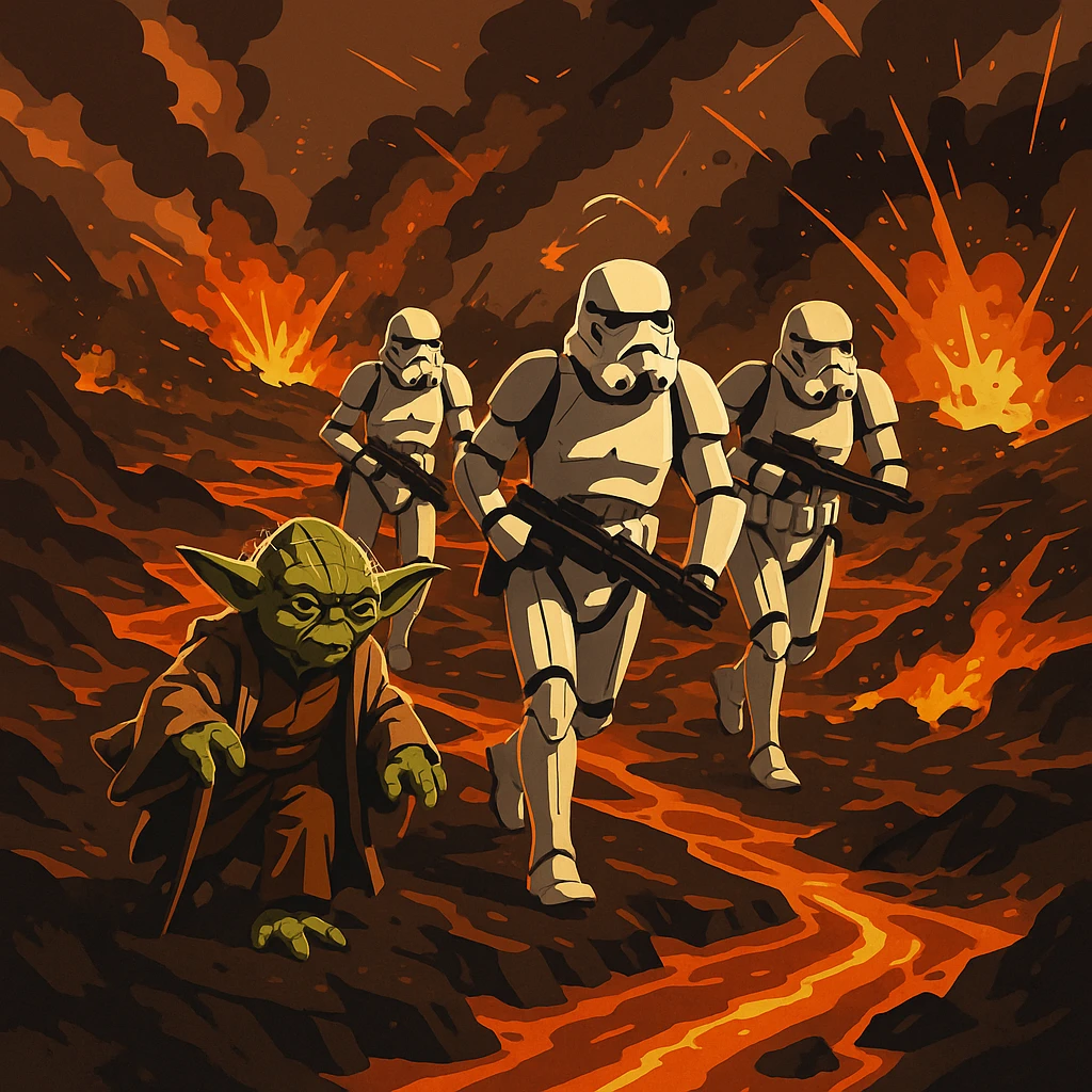 vector art of a Starwars stormtroopers is walking on lava planet with yoda, battleground background 
 emoji