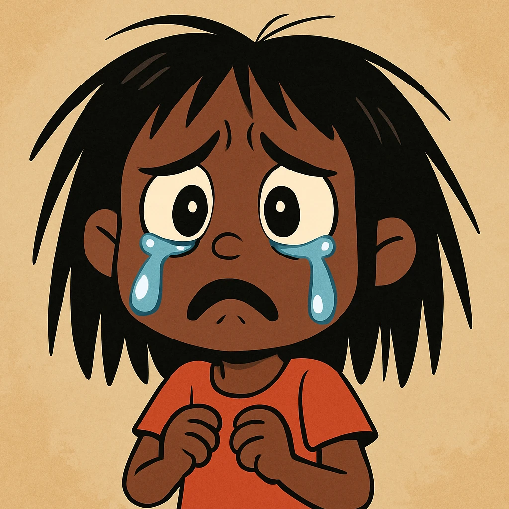cartoon style sad crying black girl with straight messy hair, big teardrops emoji
