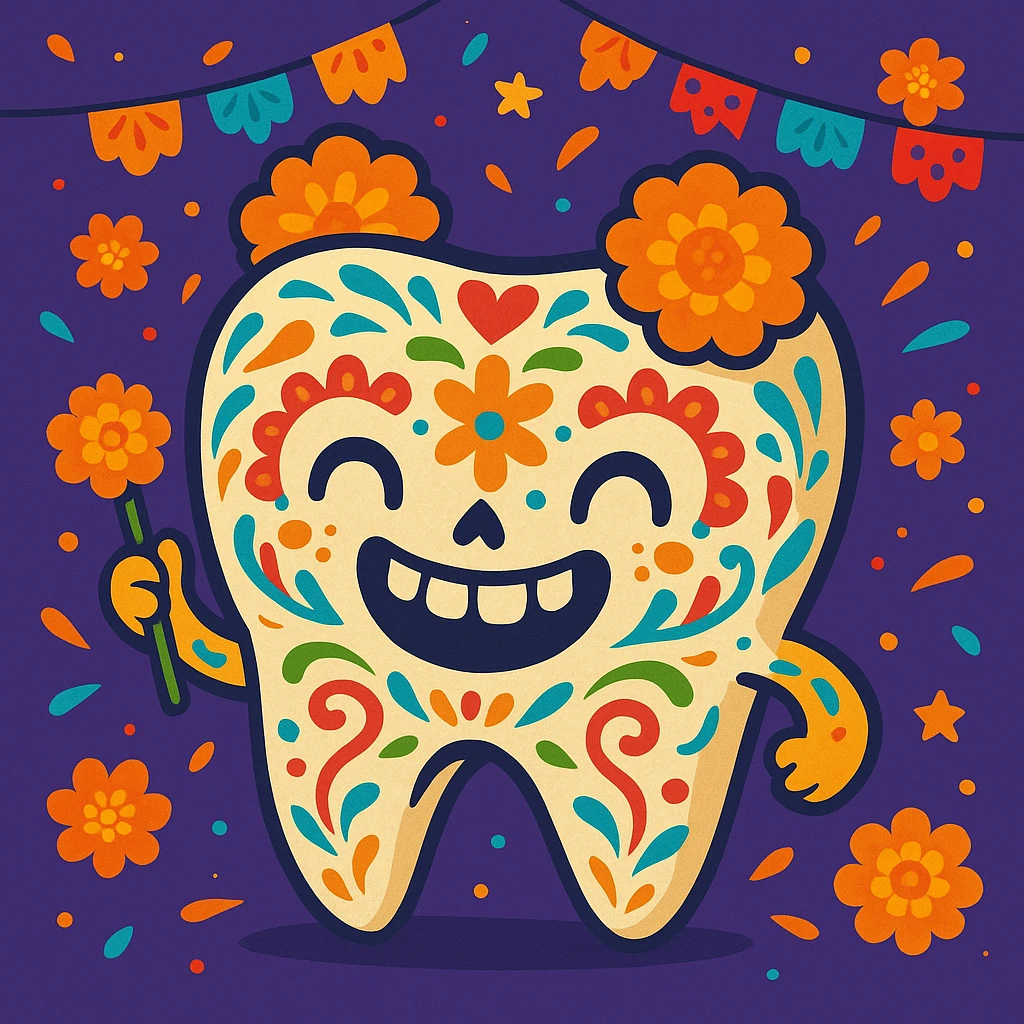 funny and cheerful molar tooth celebrating Día de Muertos in Mexico, decorated as sugar skull, bright colors, cempasúchil flowers, festive cartoon style emoji