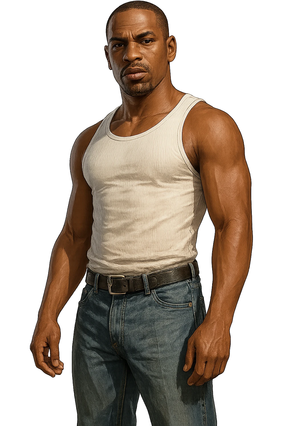 CJ from Grand Theft Auto: San Andreas in the style of Grand Theft Auto V, detailed, urban, confident pose, wearing a white tank top and blue jeans, realistic lighting, no background emoji