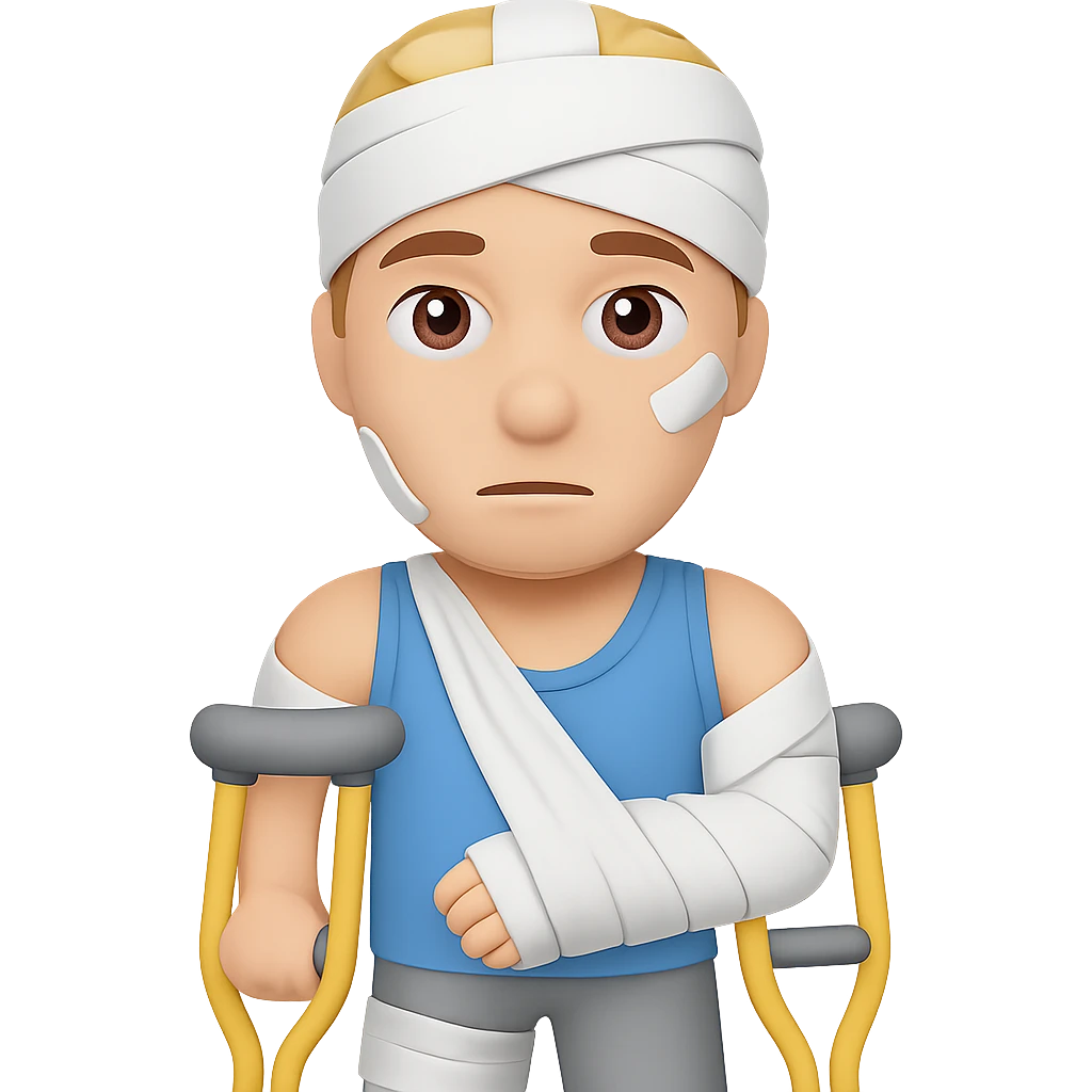 Add crutches and show more bandages on the injured man in the style of apple emojis. Keep the emoji style with no background. emoji