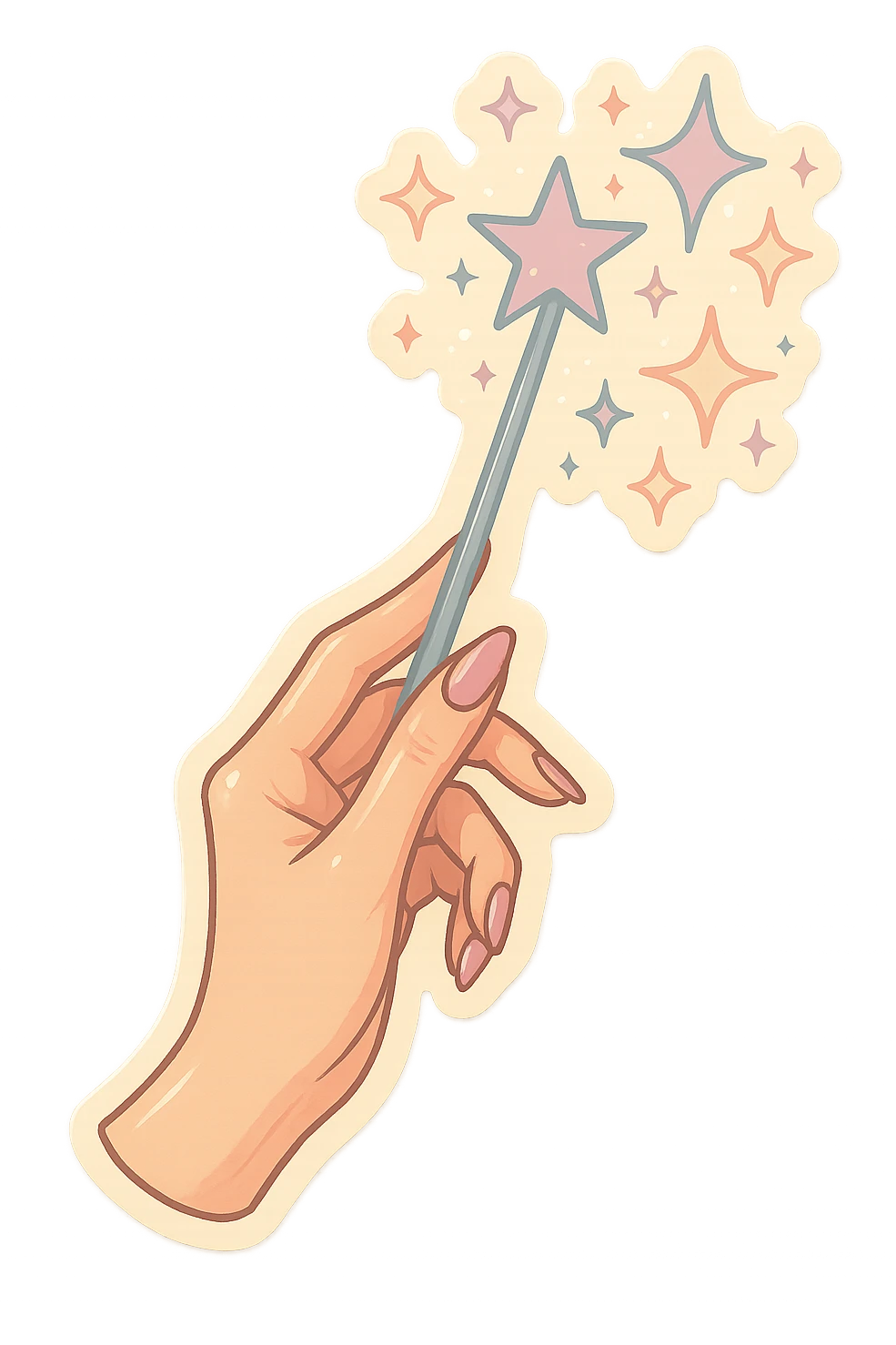 Elegant female hand with almond-shaped nails holding a magic wand, large and small stars flying out of the wand, retro stickers style, thin clean contours, soft rounded shapes, pastel palette #98B5BC, #B5B3C1, #C9A3C9, #E4C0CA, #F7DCD1, #F7C0AA, detailed shadows and highlights, soft lighting, transparent background, no decorative elements emoji