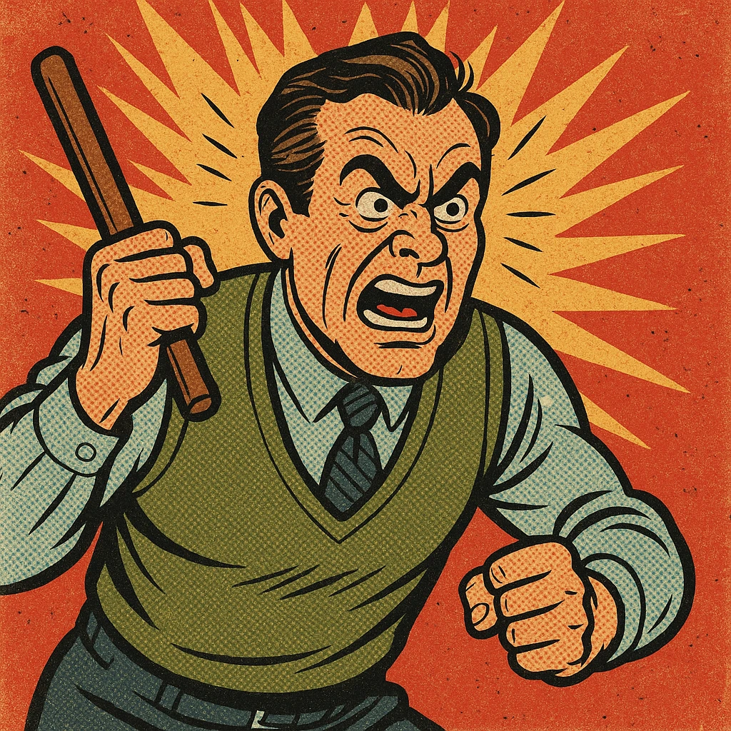 a furious dad holding a baton, expressive face, dynamic pose, cartoon style, bold lines, vibrant colors emoji