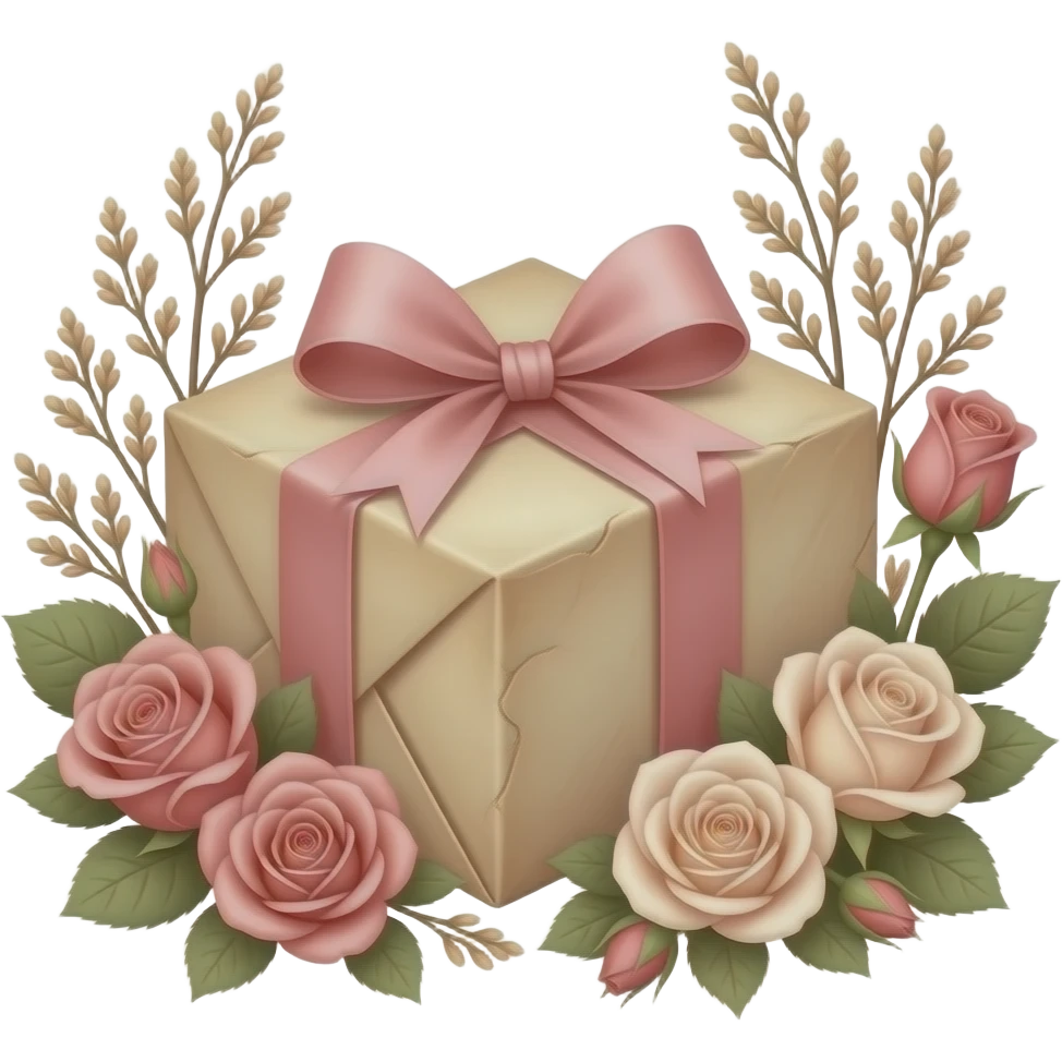 A weathered parchment-wrapped gift, secured with a Cherry Blossom Pink silk bow, lies nestled among dried sprigs of Coral Pink and Champagne Pink roses, their scent mingling with the faint trace of pastel pink aged paper. emoji